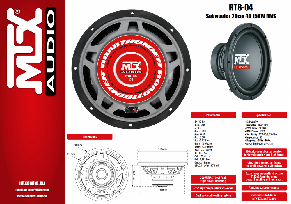 MTX Audio RoadThunder 150W 8" Subwoofer - RT8-04